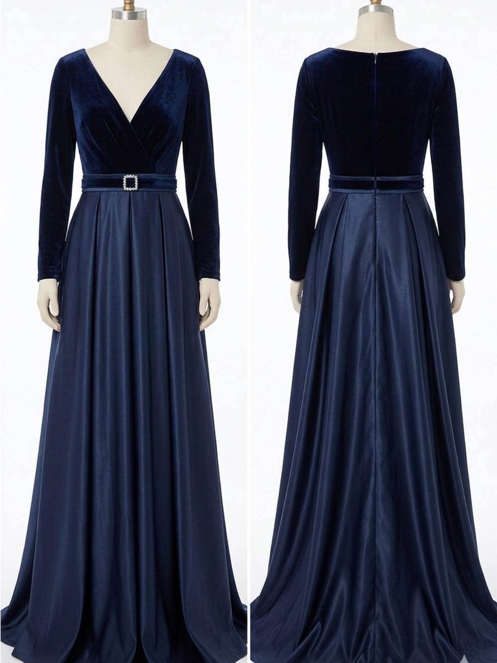 Long-Sleeve Navy Satin & Velvet Evening Gown with Jeweled Waist